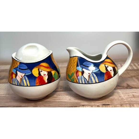 Hand-Painted Ceramic Creamer & Sugar Set With Colorful Lady Design - Unique & Fu - Picture 1 of 9
